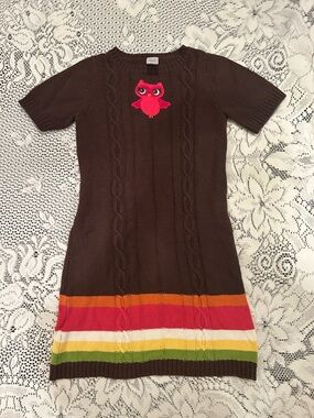 Gymboree Brown Knit Dress with Pink Owl and Rainbow Stripes